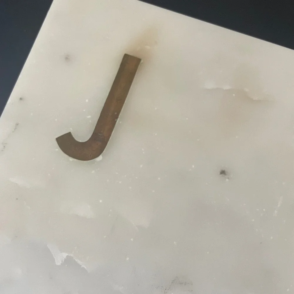 Williams Sonoma White Marble Board Monogram J Brass Serving Cheese Desserts
